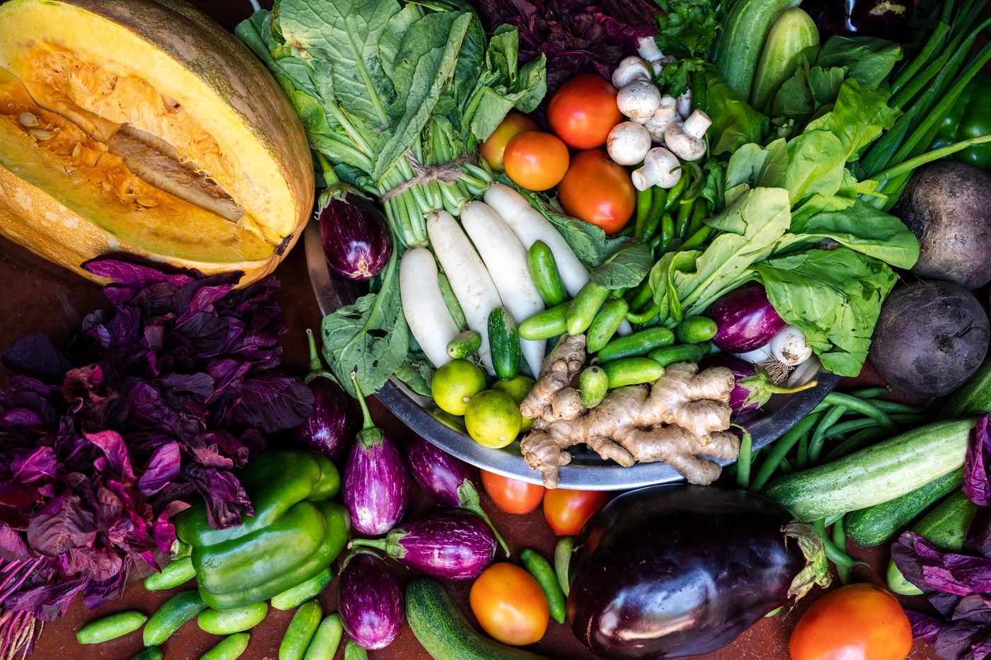 Fresh vegetables and produce used in the daily Ayurvedic kitchen at SWAN