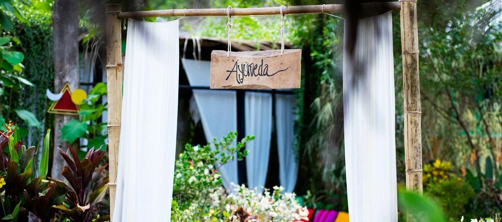The entrance to the Ayurveda space at SWAN, among the palms