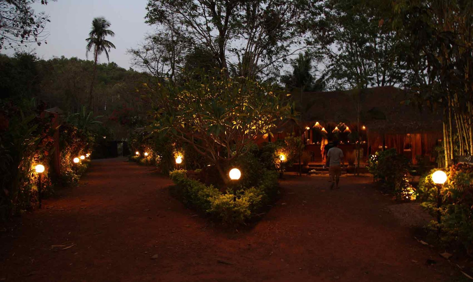 The lantern-lit garden path at SWAN Yoga Retreat in the evening